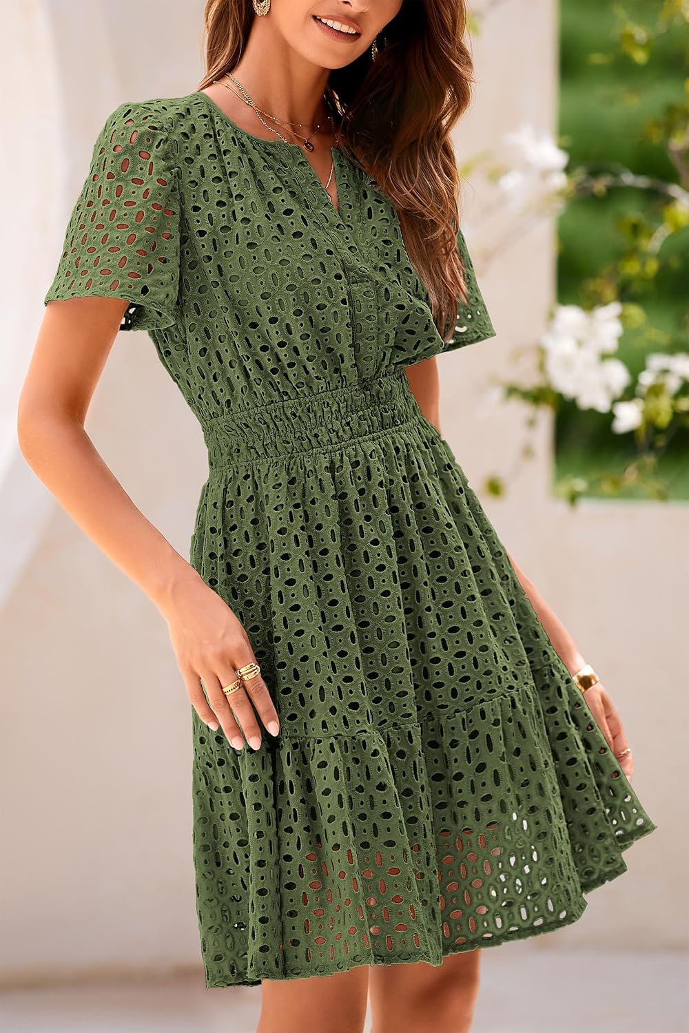 Detalle de PRETTYGARDEN Women’s 2026 Summer V-Neck A-Line Short Dress with Hollow-Out Lace