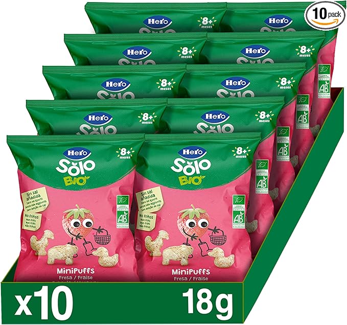 Detalle de Hero Solo 🥄 Snack de Fresa ECO, BIO, Sin Azúcares, 10x18 g