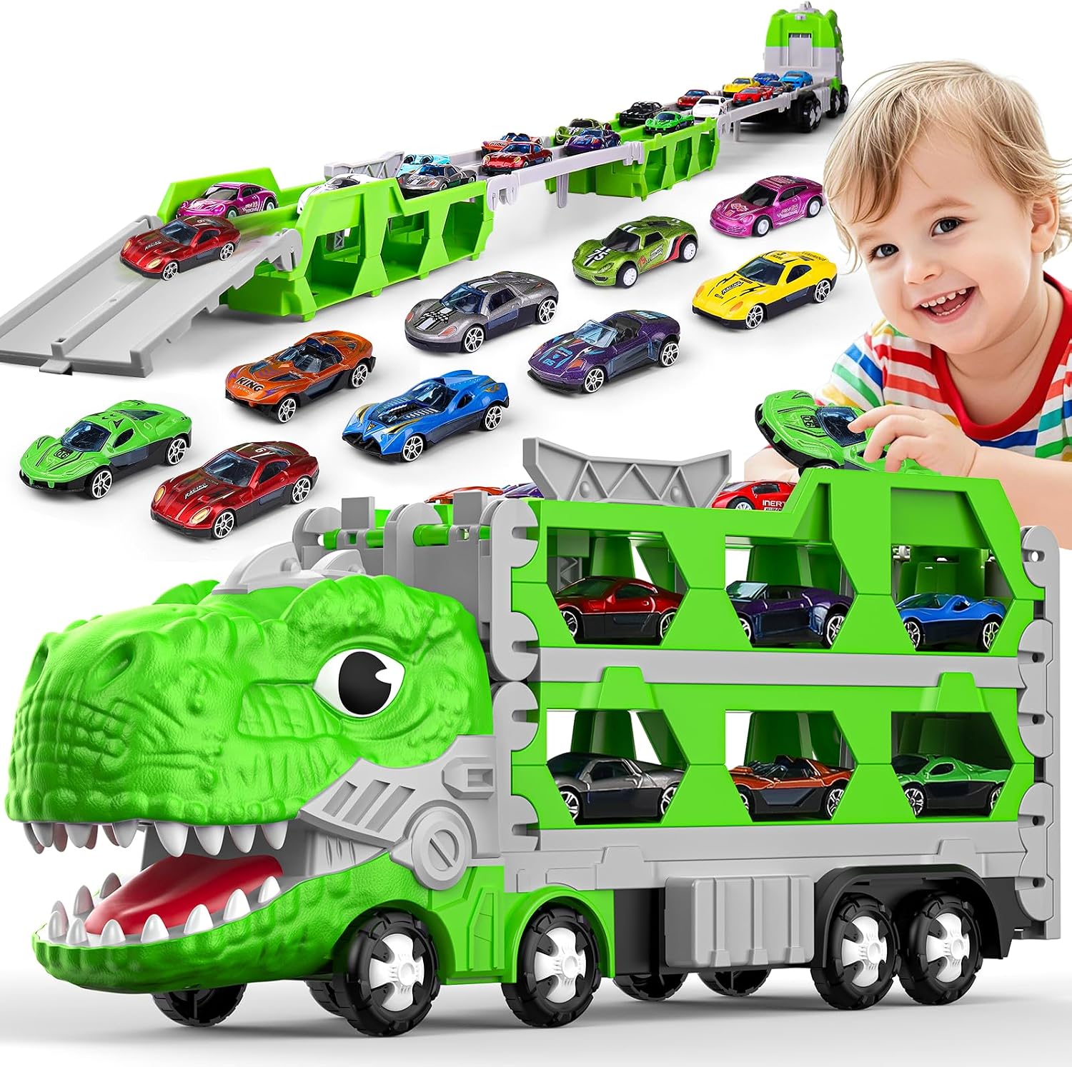 Detalle de Dinosaur Transporter Truck Toy Set with 6 Mini Racing Cars and 1.7m Dino Track (age 3–7)