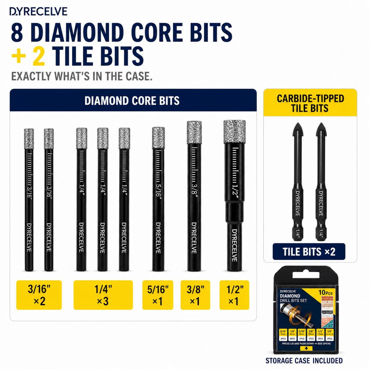 Detalle de DYRECELVE Diamond Drill Bit Set, 10-Piece