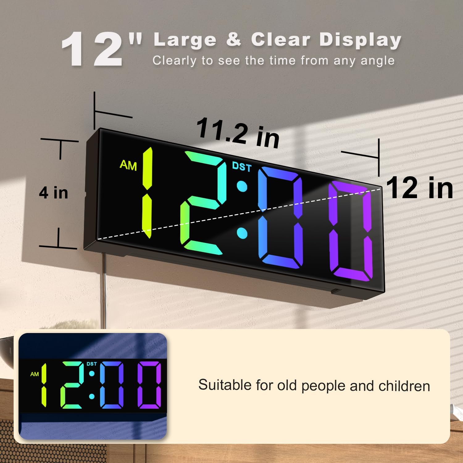 Thumbnail 1 de JALL 12" Large Digital Wall Clock RGB colors