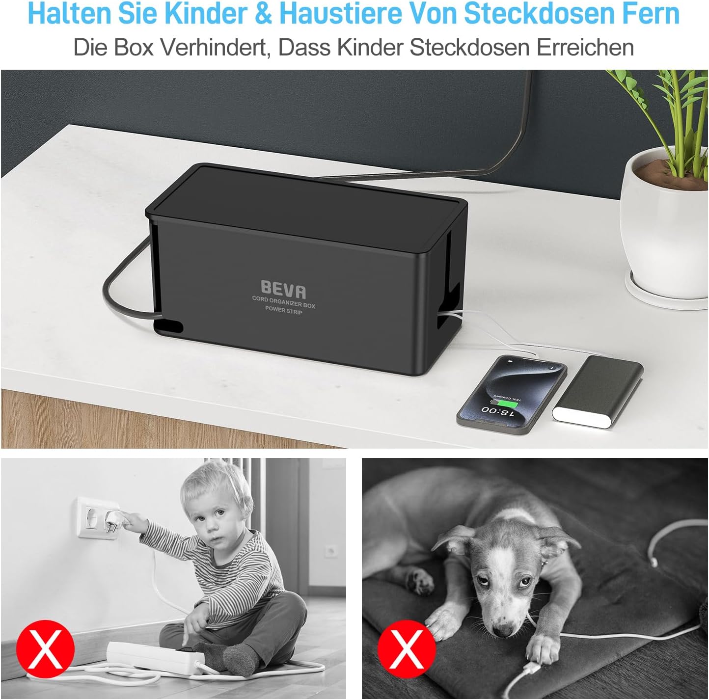 Thumbnail 3 de Kabelbox mit versteckter Steckdosenleiste 3680W/16A + 1050J Überspannungsschutz, 2m Kabel, 6 Steckdosen + 3 USB-A + 1 USB-C (15W) – BEVA
