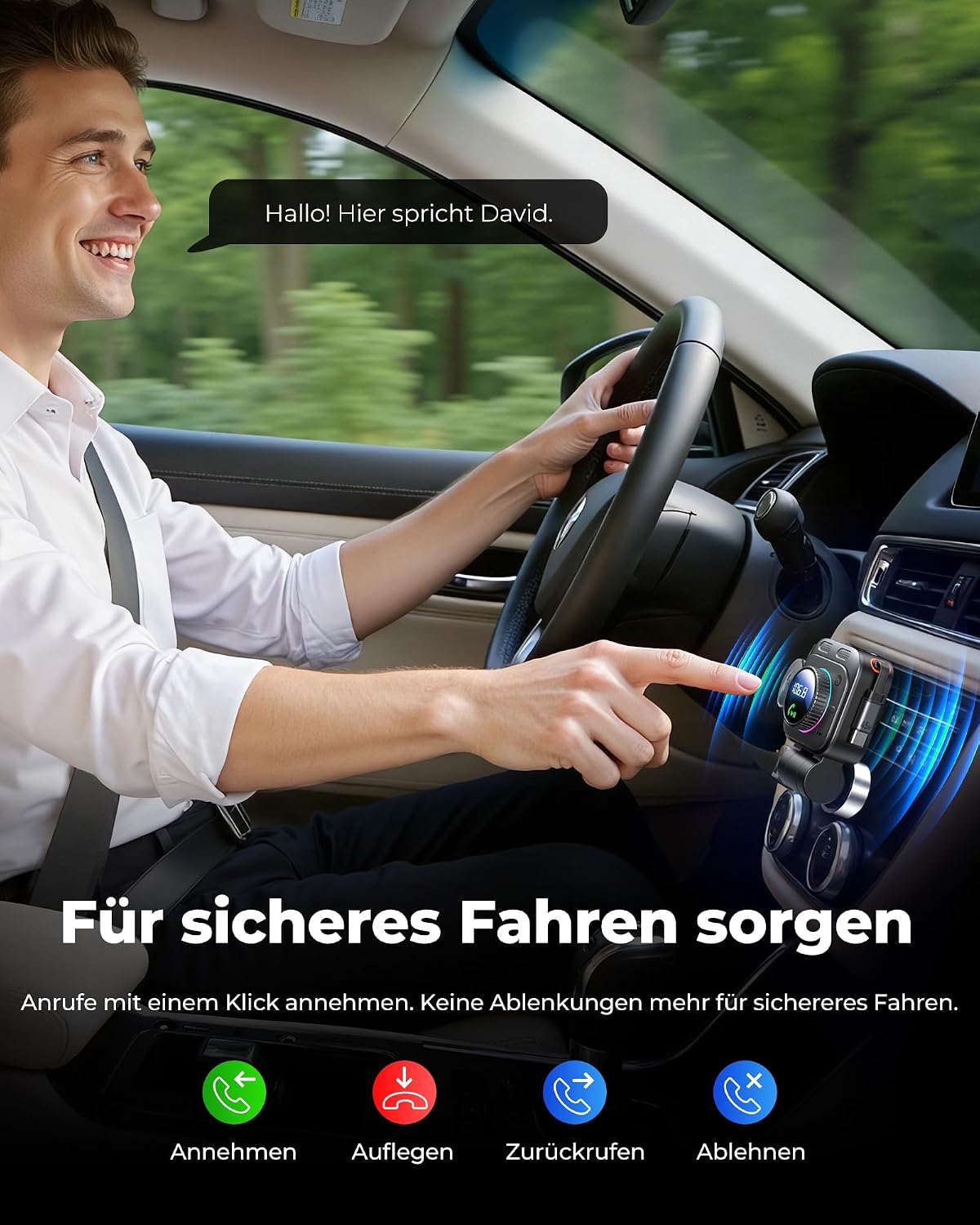 Detalle de LENCENT 72W FM Transmitter Auto Bluetooth 5.4 – kabellose Musik & Freisprecheinheit mit 180° Drehung