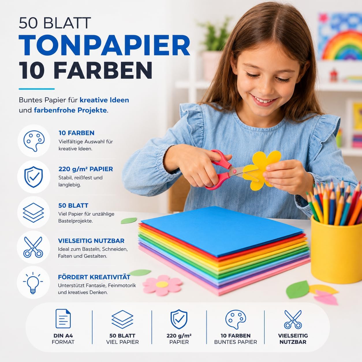 Thumbnail 5 de 50 Blatt A4 Tonpapier 220 g/m² in 10 Farben – Bastelpapier & Tonkarton