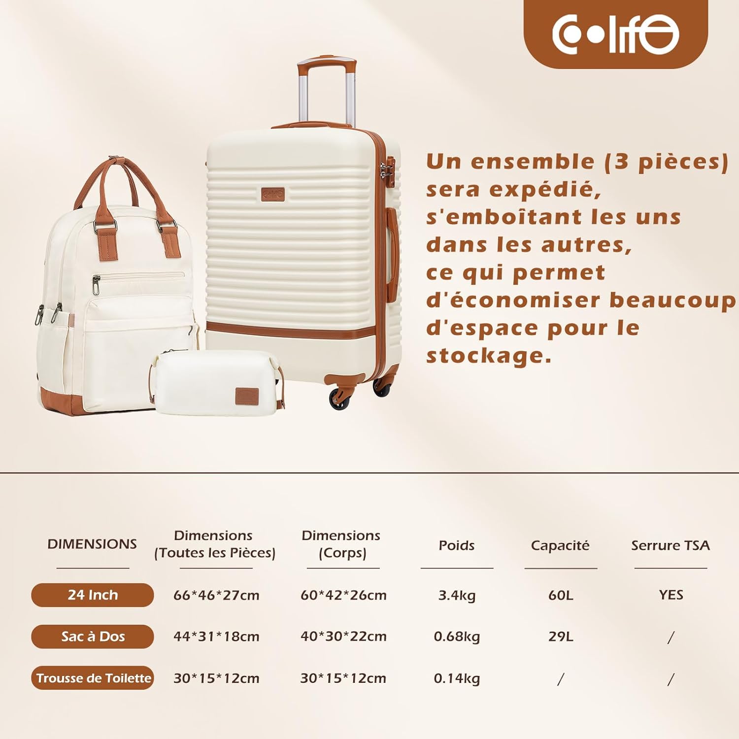 Thumbnail 6 de Coolife Valise 3 Pièces – Ensemble rigide ABS avec TSA, Roues 360° et Sac à Dos (Gris/Rose) – Moyenne