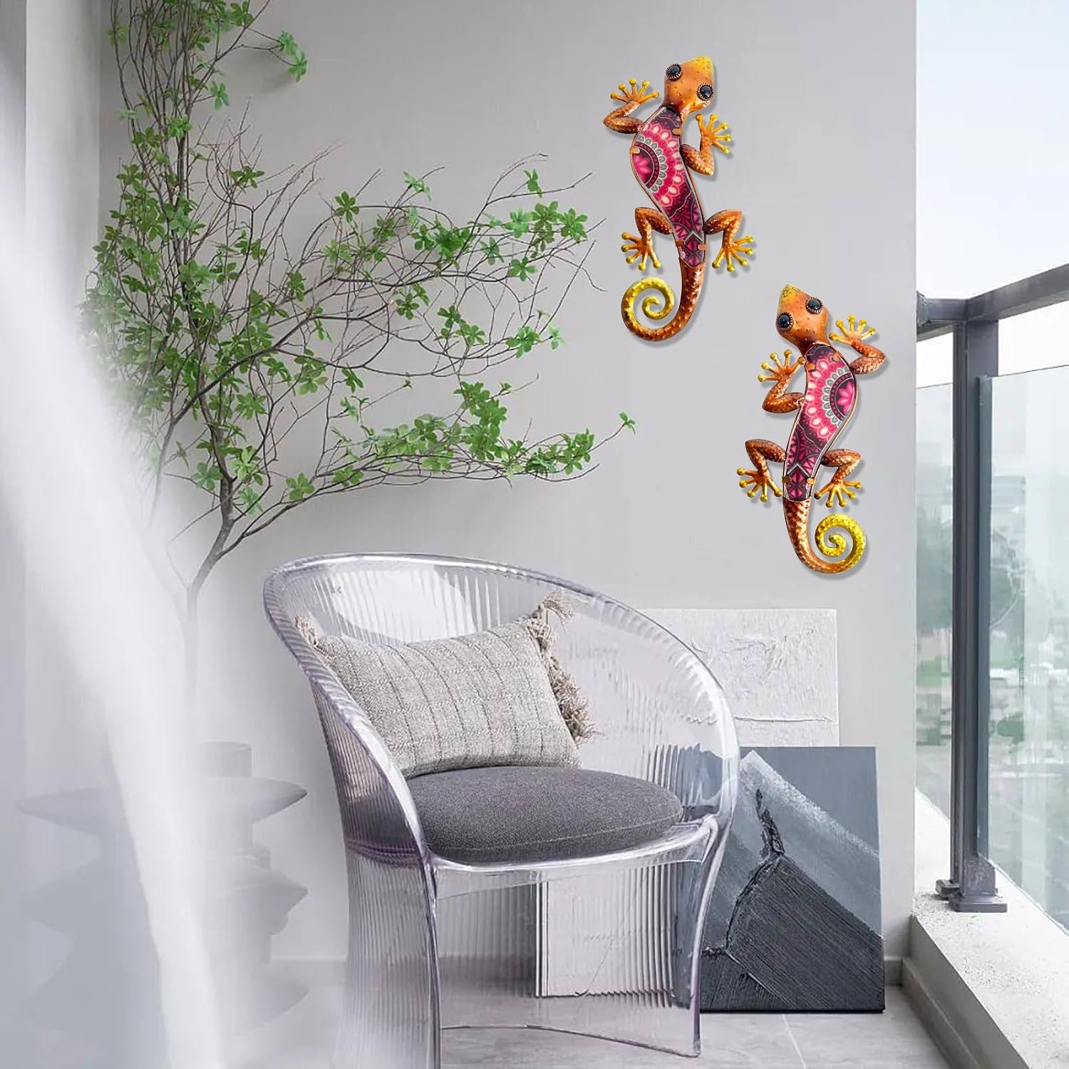 Detalle de HONGLAND Geckos Outdoor Wall Decor (2 Pieces) – Metal Lizard Wall Art for Garden, Bohemian Glass-Printed Finish