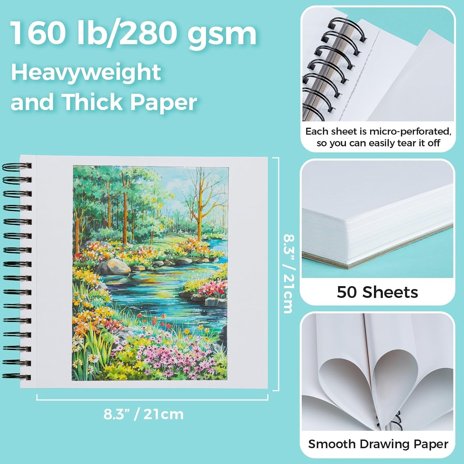 Detalle de Ohuhu Sketchbook – Double-Sided Bleedproof Marker Pad (280GSM), 50 Sheets / 100 Pages, Spiral Bound, 8.3" x 8.3