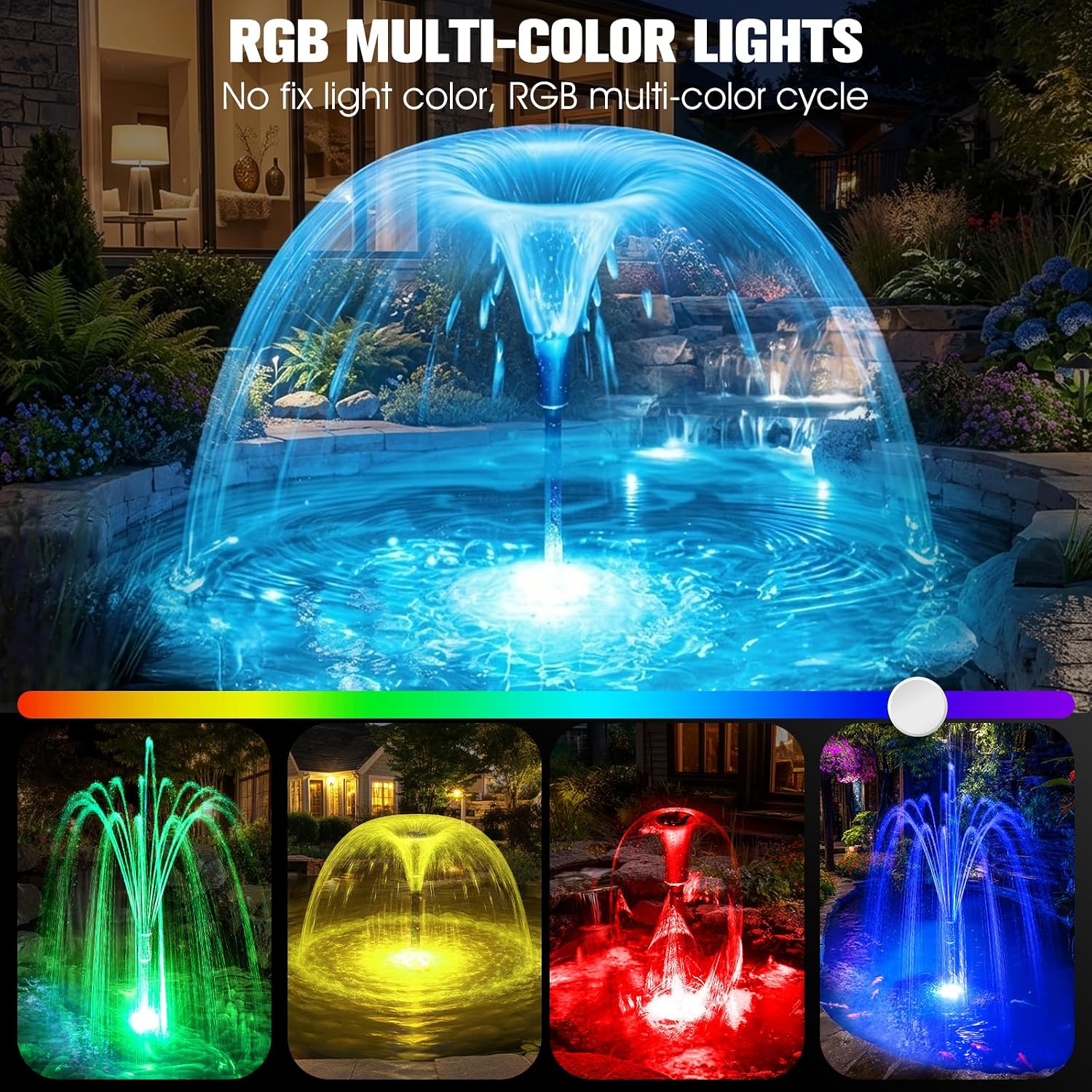 Detalle 2 de Luxfero 3-en-1: Pompe pour Fontaine Extérieure avec Filtre, LED RGB et 3000 L/H — tout-en-un pour bassin et jardin