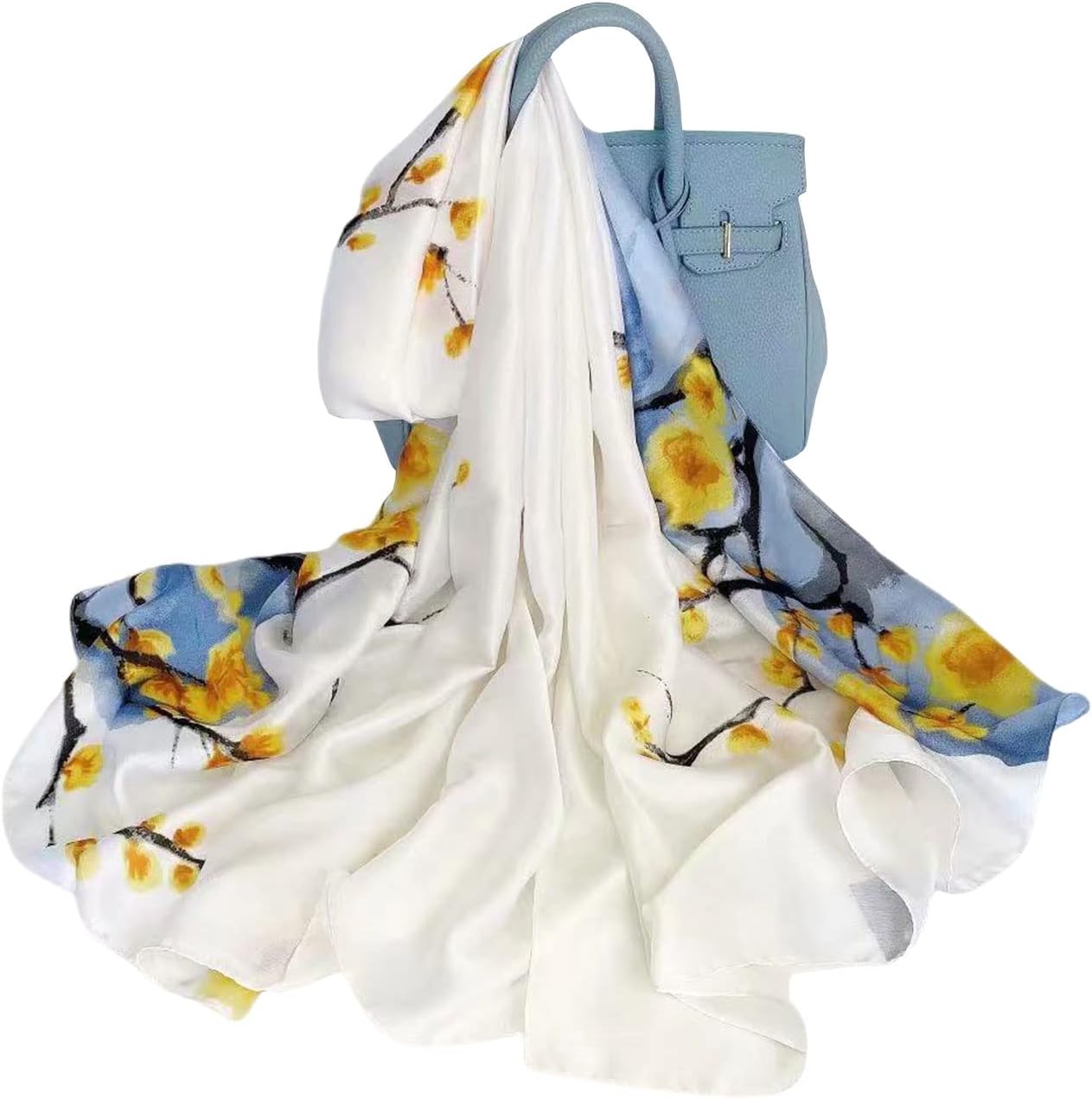 Detalle de MAIRY Women's Silk Scarf: Lightweight Satin Floral Wrap (70.5 x 33 in)