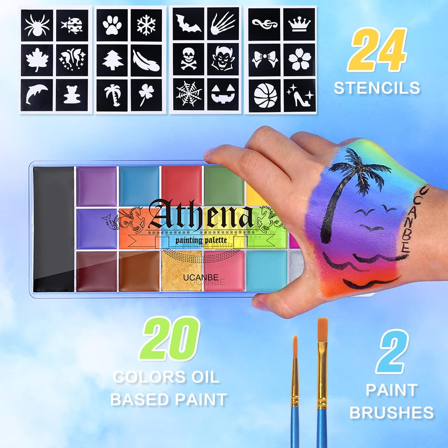 Thumbnail 2 de UCANBE Körperfarben-Set mit 20 Farben, 24 Schablonen und 2 Pinseln für Halloween & Karneval
