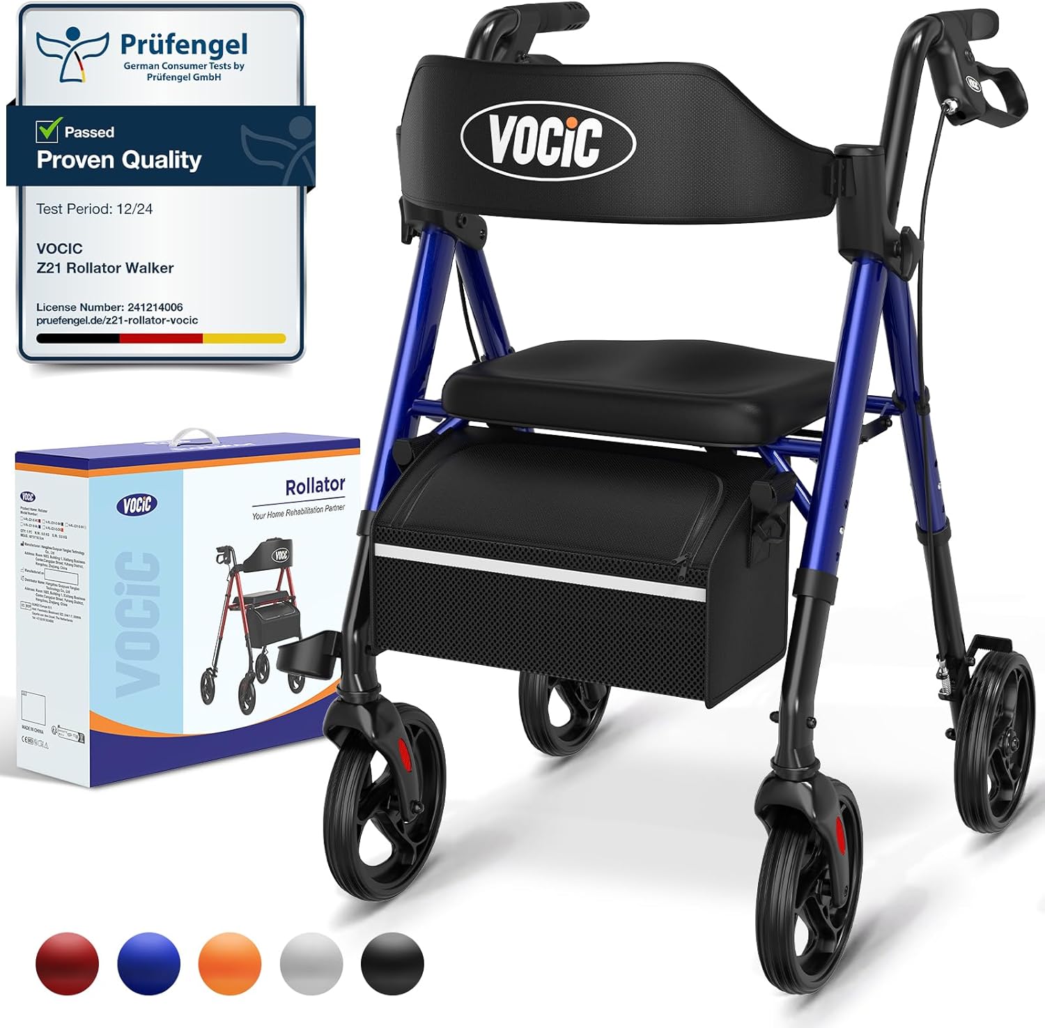 VOCIC Z21 Rollator Walker with Seat, Brakes, Bag & 20cm All-Terrain Wheels (Blue) – Adjustable Height Foldable Aid