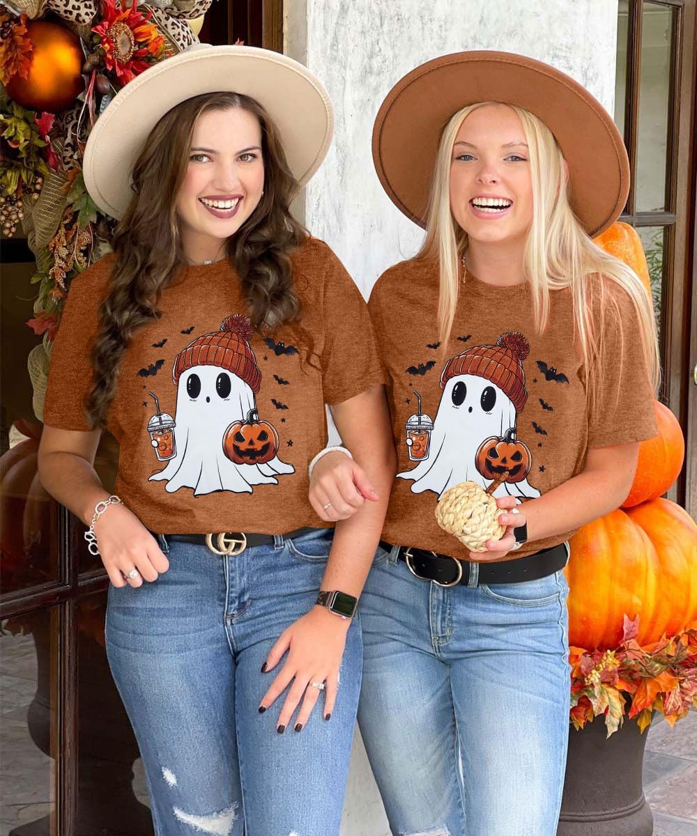 Detalle de DUTUT Halloween T-Shirt for Women, Pumpkin and Boo Ghost, Short Sleeve