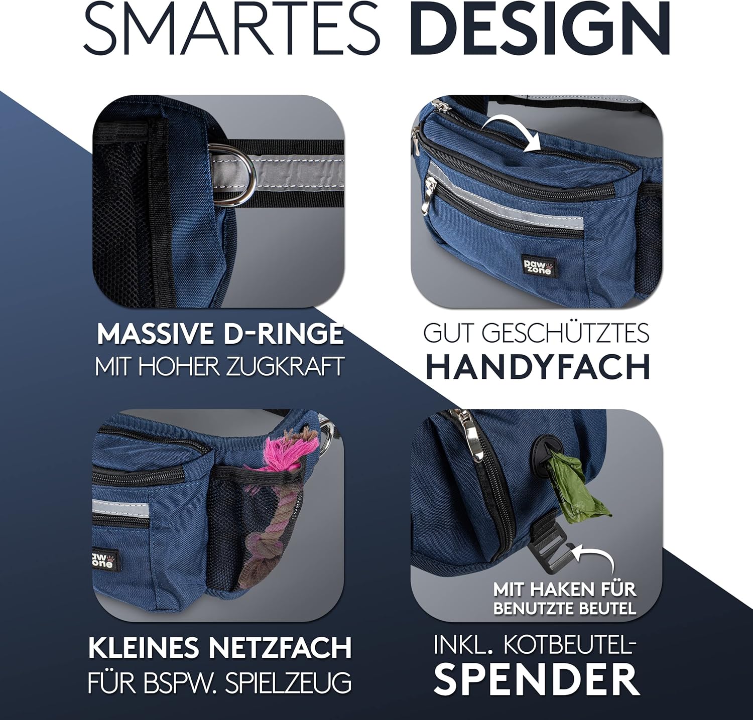 Thumbnail 2 de PAWZONE Futterbeutel für Hunde (Leckerlibeutel) mit Reflektorband & Zusatzgurt – Gassitasche in Marineblau