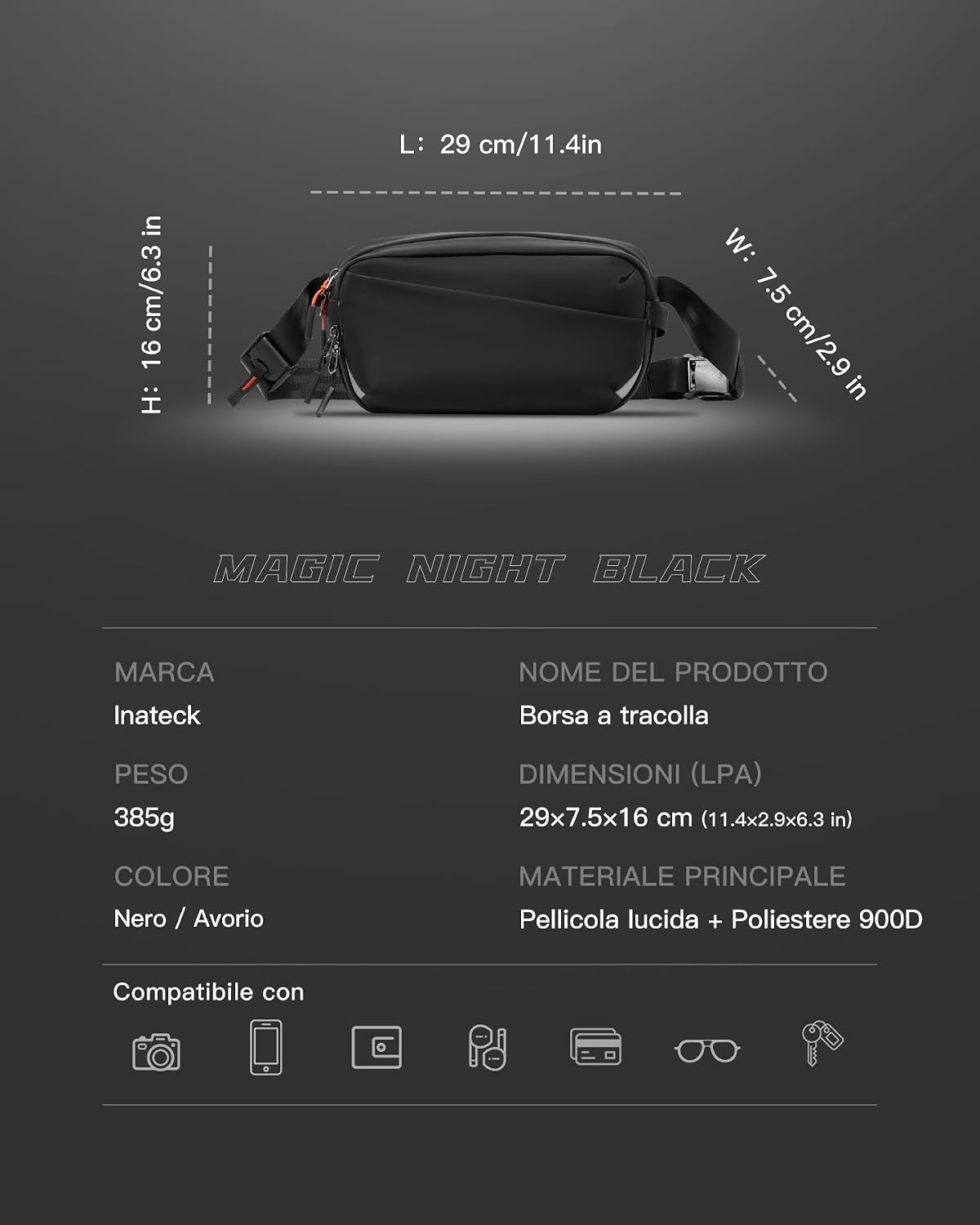 Thumbnail 2 de Inateck Sling Bag X-Pro: borsa a spalla espandibile e multifunzionale con tasca RFID