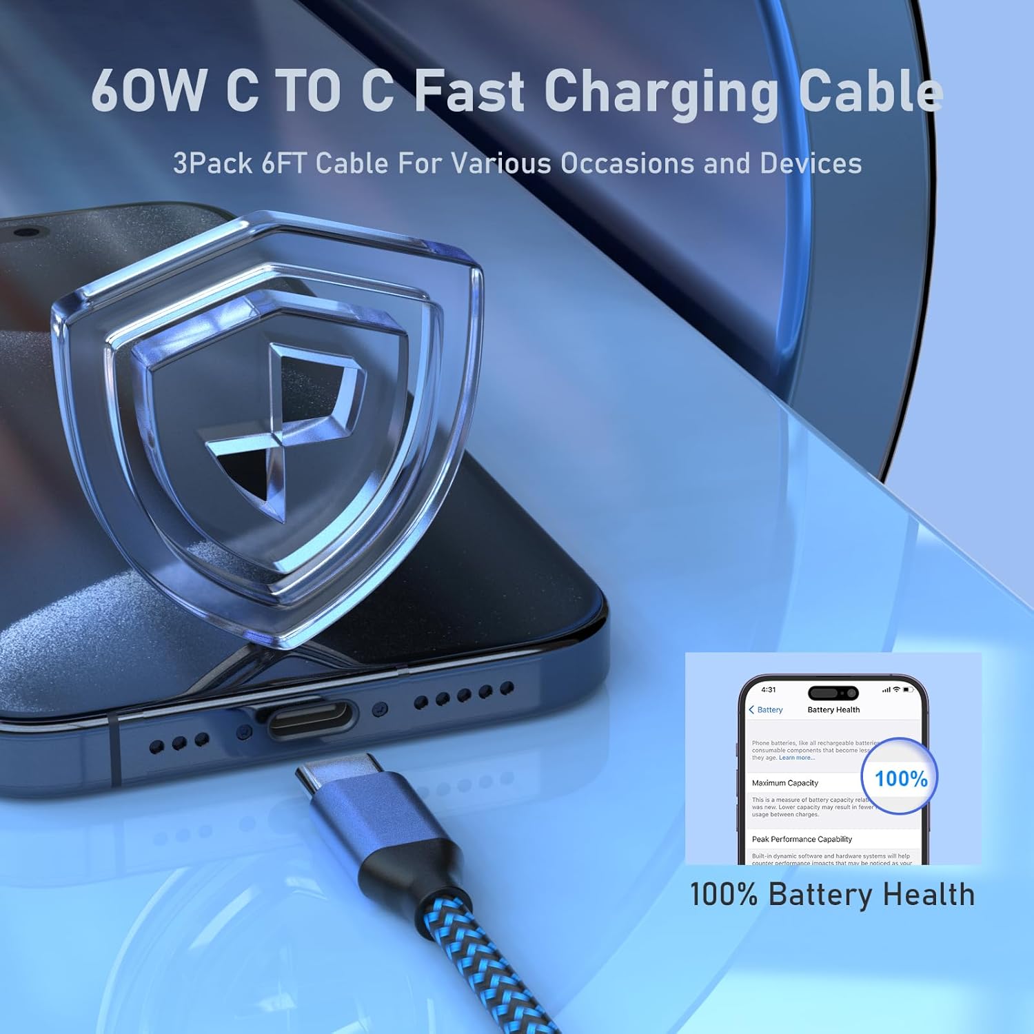 Thumbnail 6 de USB-C to USB-C Charger Cable 3-Pack, 6ft Nylon Braided, 60W (3A) – Fast, Durable Power for iPhone, iPad, Samsung & More