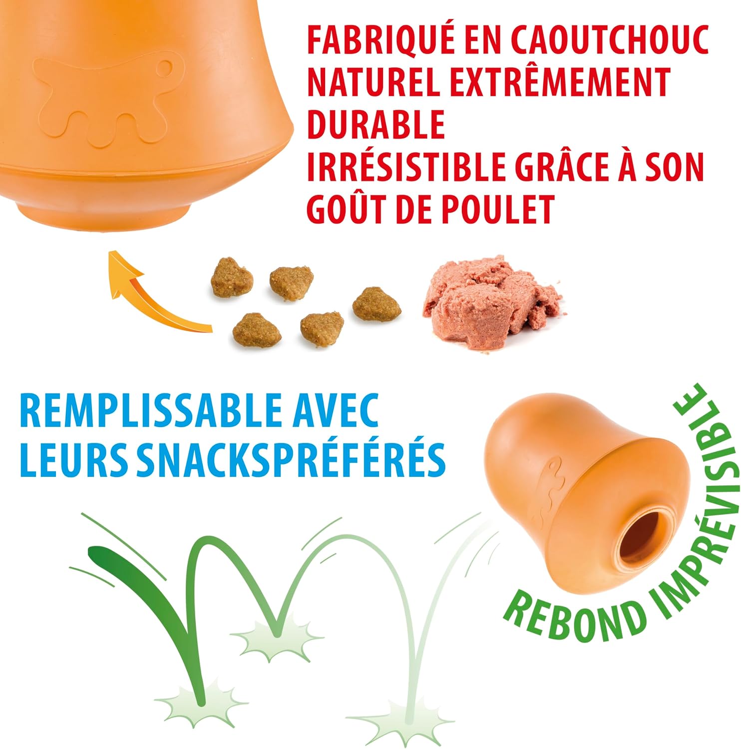 Detalle 2 de Ferplast Crazy Bell – jouet distributeur de croquettes en caoutchouc naturel, arôme poulet (orange)