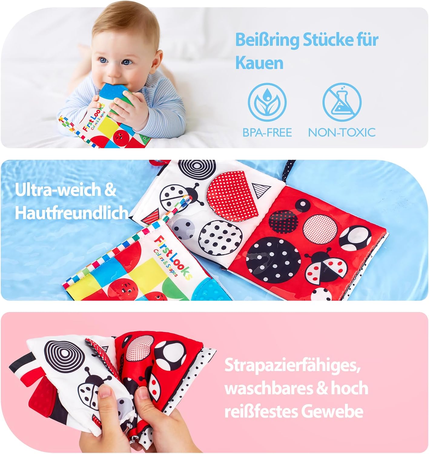 Thumbnail 6 de hahaland Kontrastkarten Baby Stoffbuch Set (2-teilig) Schwarz-Weiß mit Spiegel, für 0–3/6 Monate