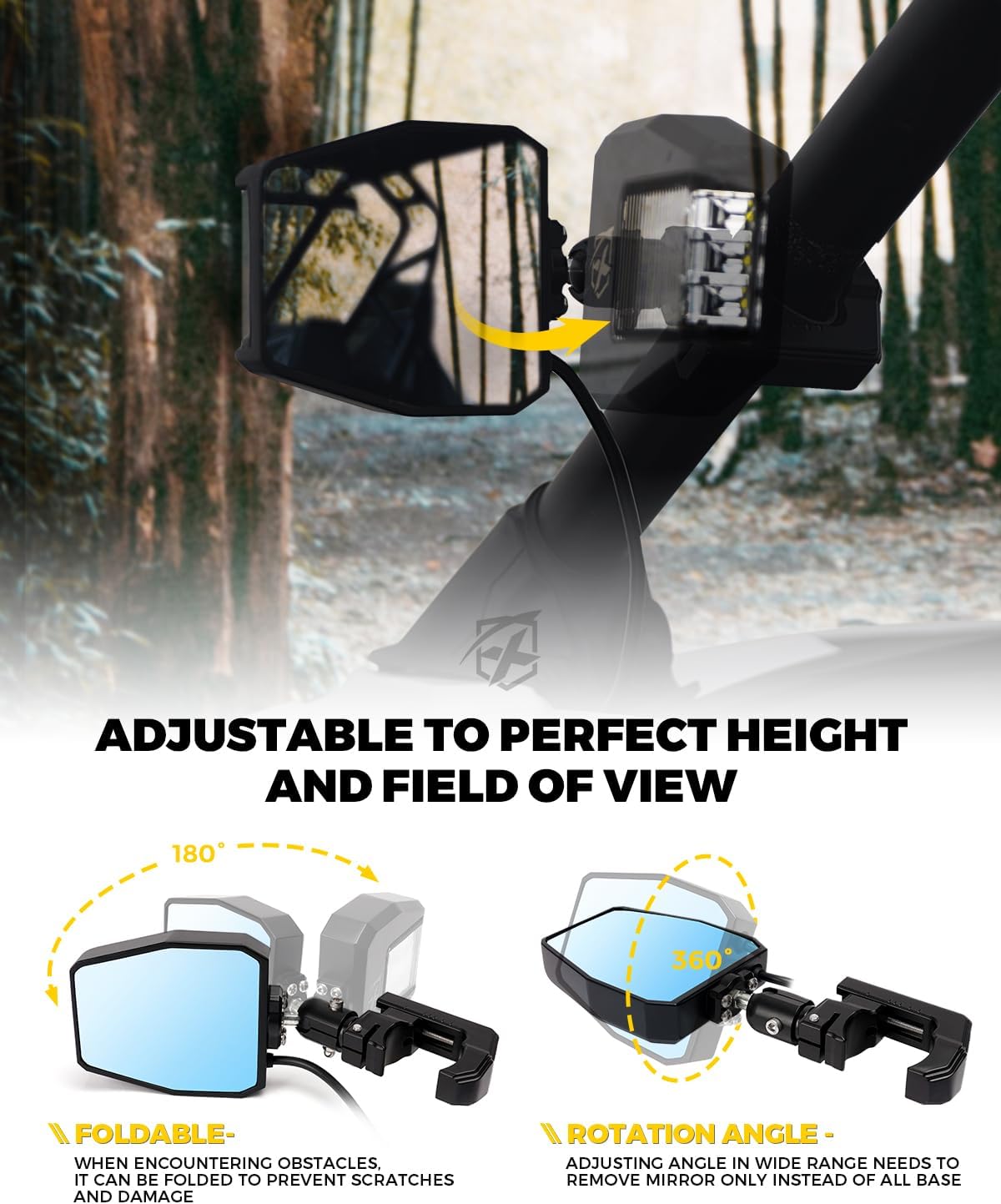 Detalle de Xprite UTV LED Side View Mirrors with Puddle Lights — Aluminum, 1.75"–2" Roll Cage, Smoke Lens