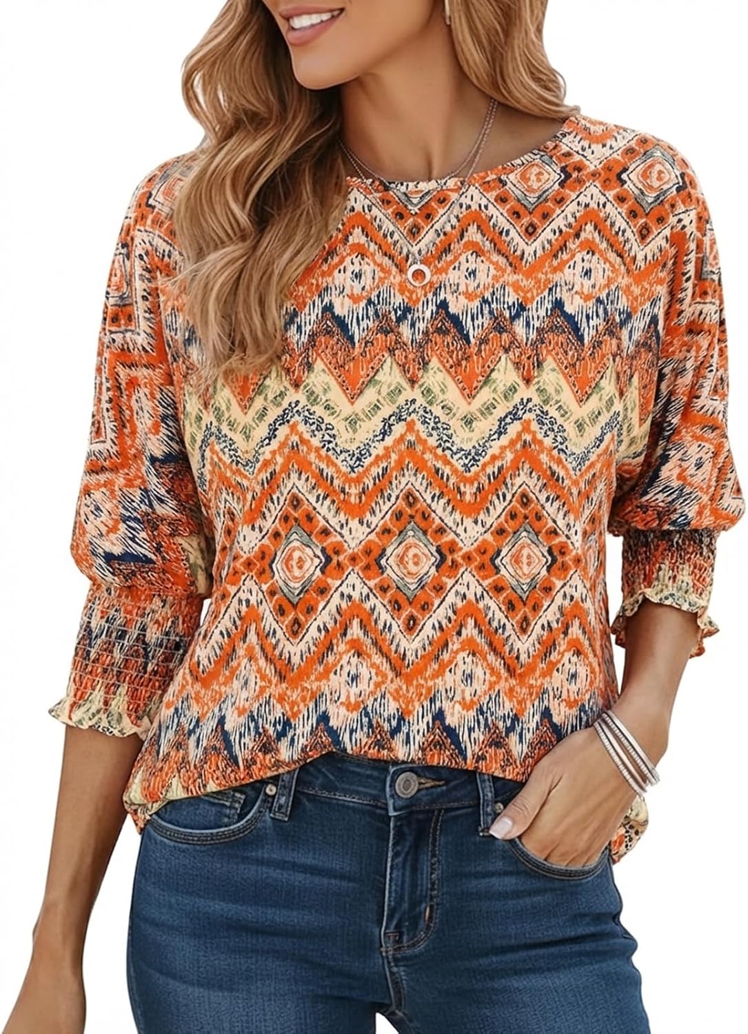 Detalle de Cuptacc Damen Langarmshirt mit Rundhalsausschnitt – lose Tunika-Optik mit 3/4-Ärmeln