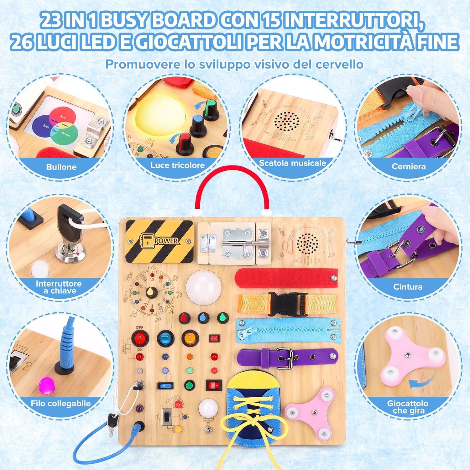 Thumbnail 1 de Konijiwa busy board Montessori 23 in 1 in legno con luci LED e 15 interruttori