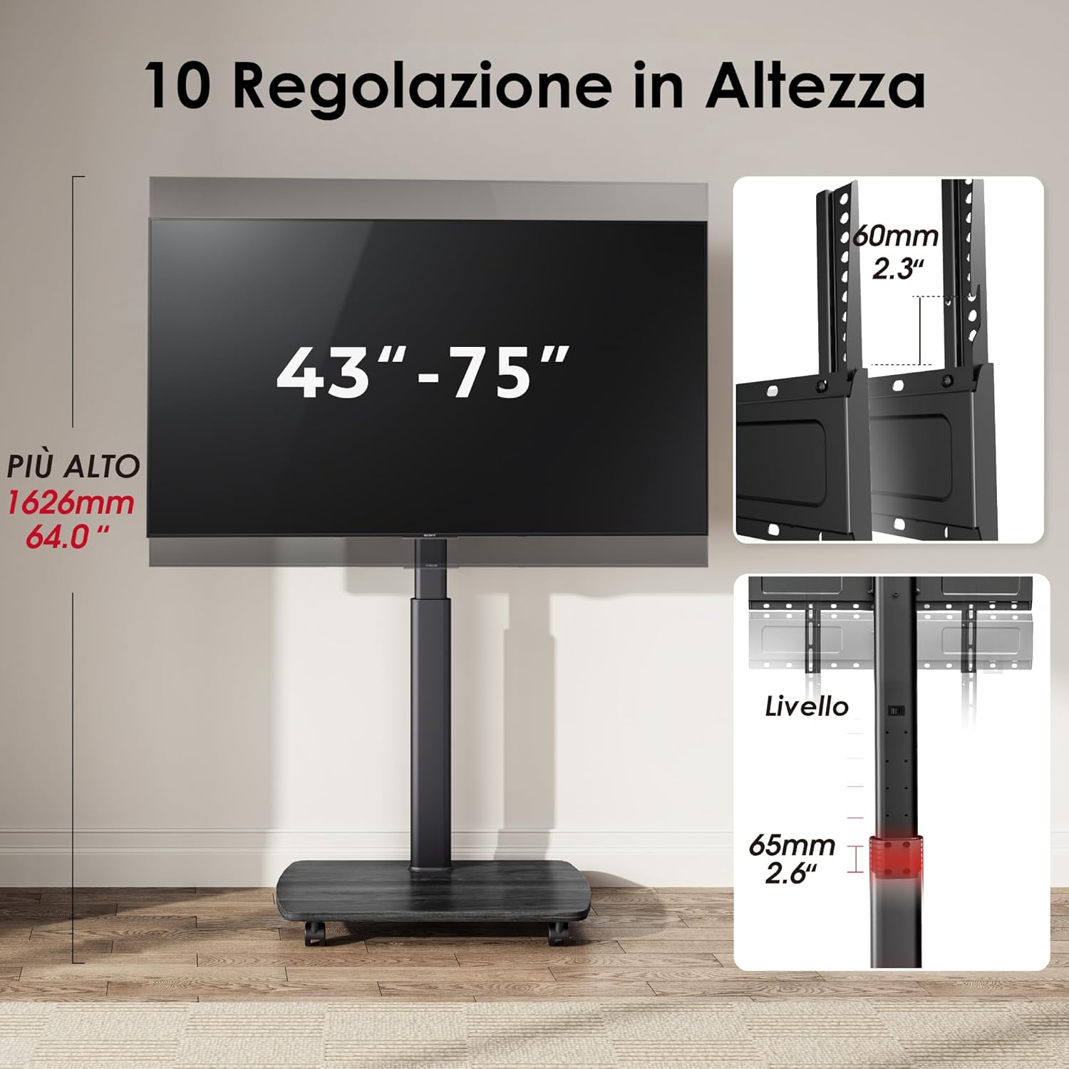 Detalle de AOKCOS Carrello Porta TV con Ruote per 43-75 pollici: supporto da pavimento regolabile, girevole e inclinabile, con base in legno