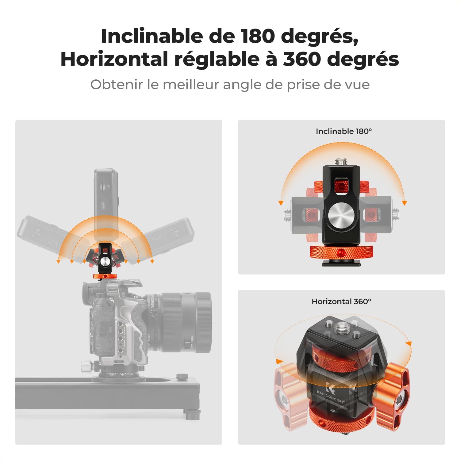 Detalle de K&F CONCEPT Support de moniteur aluminium pour cage caméra (1/4” & Cold Shoe ARRI), inclinable 180° et rotatif 360°