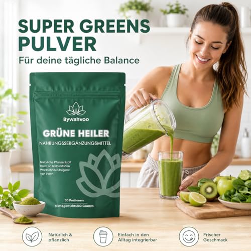 Detalle de Grüne Entgiftungspulver – Bywahvoo, 200 g – Matcha, Gerstengras, Spirulina & Heidelbeere