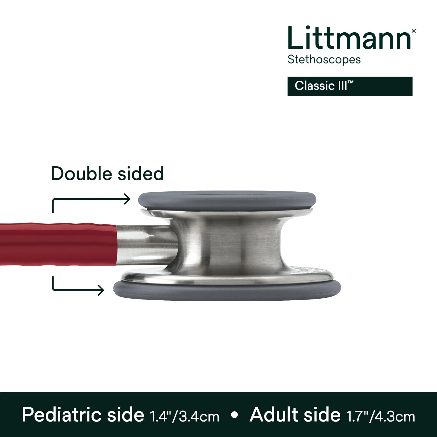 Detalle de Littmann Classic III 5627 stetoskop med vinröd slang och bröststycke i rostfritt stål
