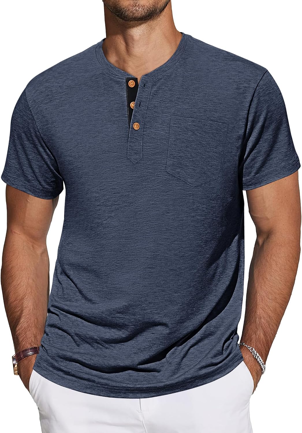 Detalle de TARAINYA Henley T-Shirt Uomo in Cotone con Tasche – 95% Cotone 5% Elastano, Maniche Corte, Collo Henley, Taglie M–4XL
