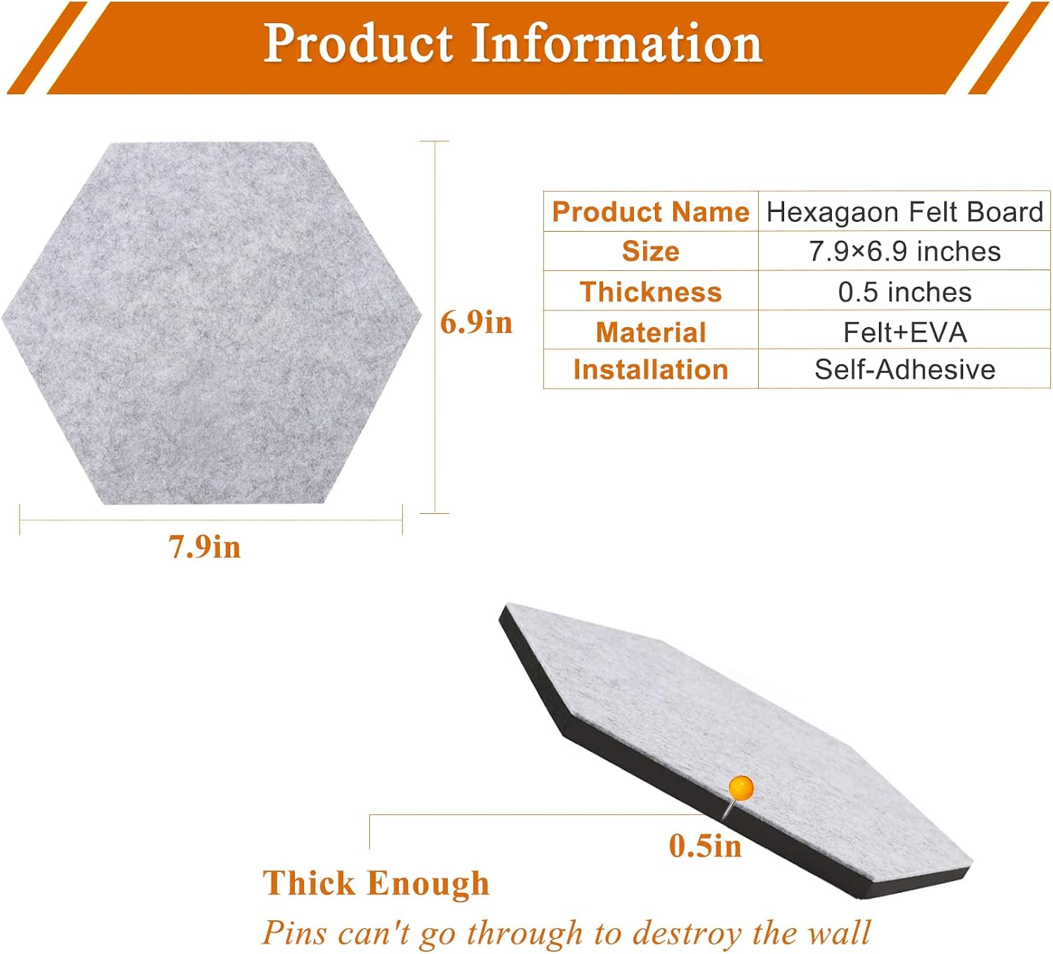 Detalle de HULAVO ED-HFB-Black Hexagon Felt Cork Board Tiles, 8-Piece, Black