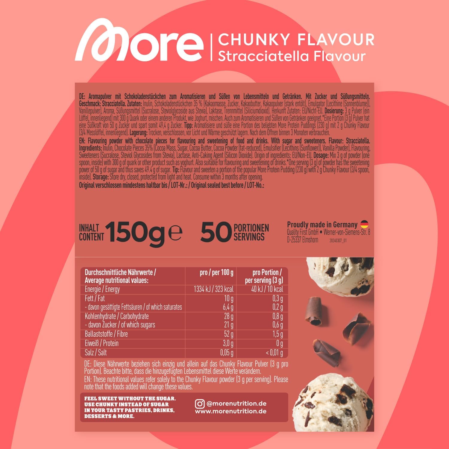Thumbnail 3 de MORE Chunky Flavour Stracciatella 150 g Geschmackspulver 🍫