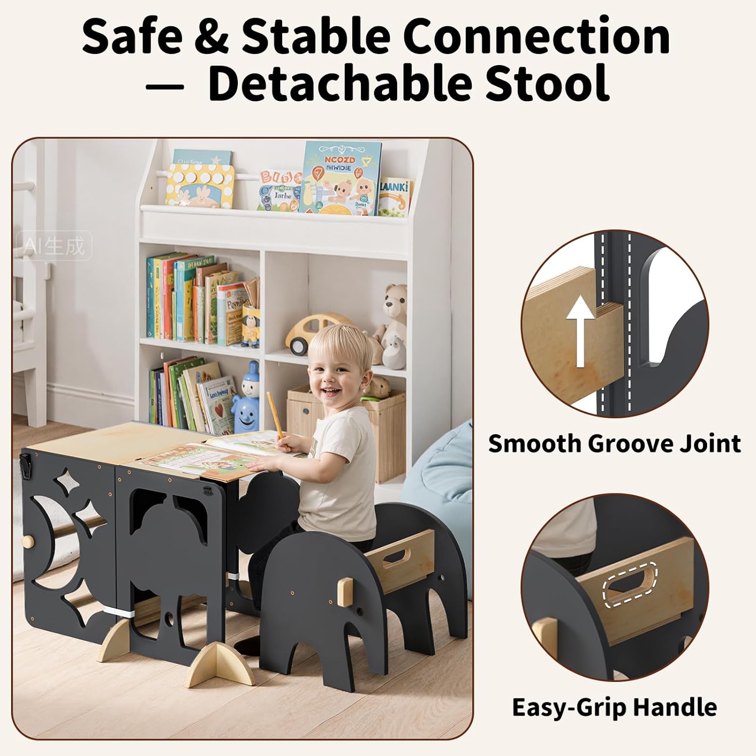Detalle 2 de COSYLAND CS000197-3-CA 4-in-1 Toddler Kitchen Step Stool, Foldable Wooden Tower