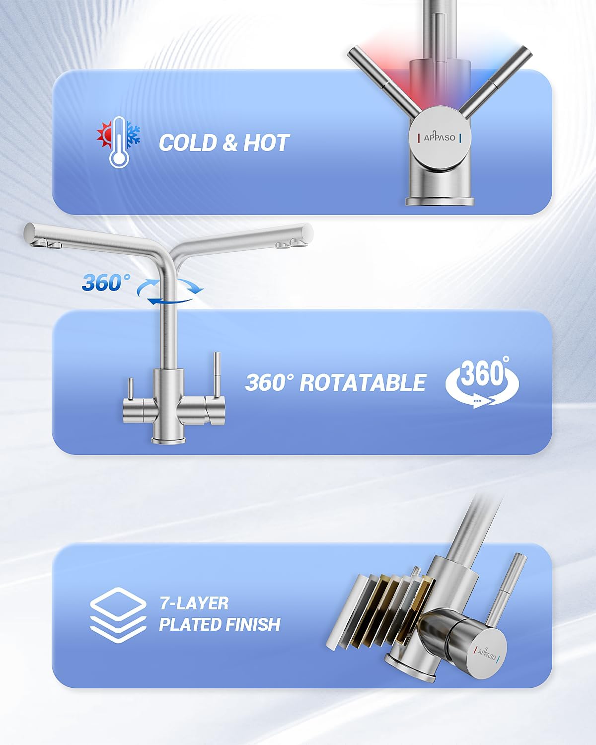 Detalle de APPASO Robinet de cuisine 3 voies rotatif à 360° (3 en 1) pour eau filtrée