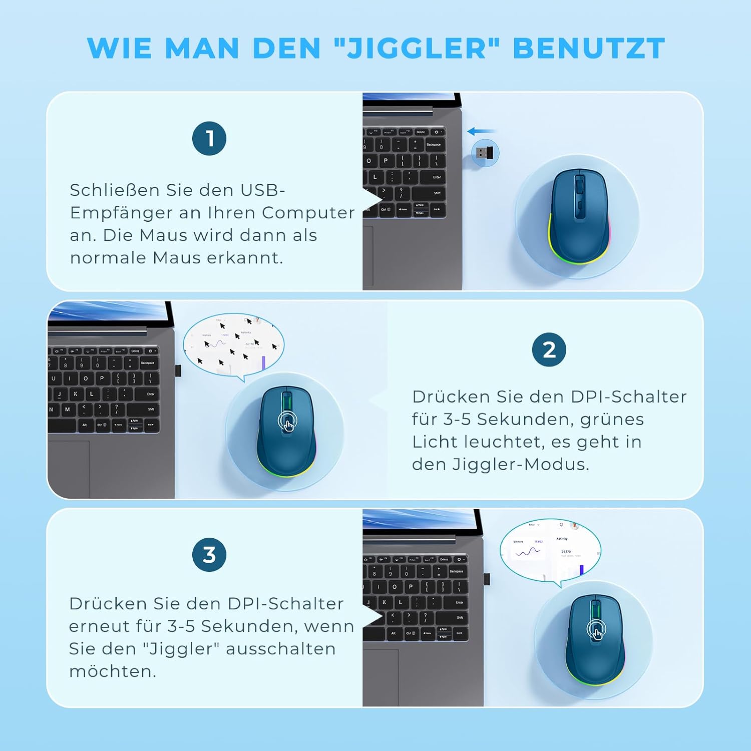 Thumbnail 3 de seenda Kabellose Maus mit Jiggler – wiederaufladbare 2,4G Funkmaus mit LED, leise, 2000 DPI