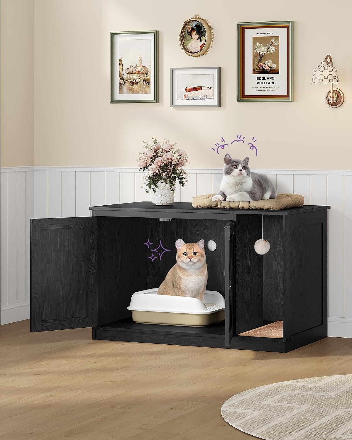 Detalle de Hzuaneri CB85204X Cat Litter Box Enclosure, Black Farmhouse Cabinet