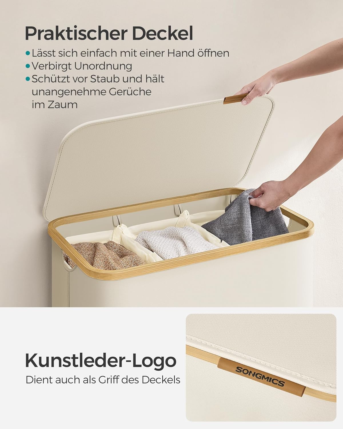 Thumbnail 3 de SONGMICS Wäschekorb mit Deckel und 3 Fächern (150 L) LCB515W01 – sortieren, verstauen, transportieren