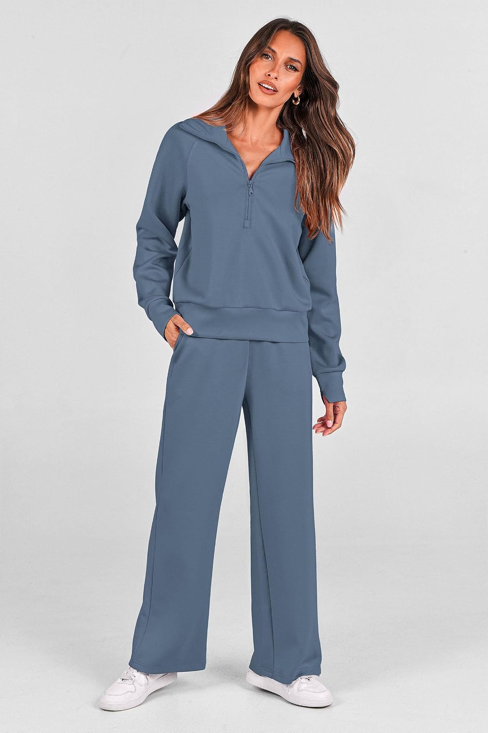 Detalle de PRETTYGARDEN Women’s 2-Piece Casual Tracksuit Set (Half-Zip Sweatshirt + Wide-Leg Pants)