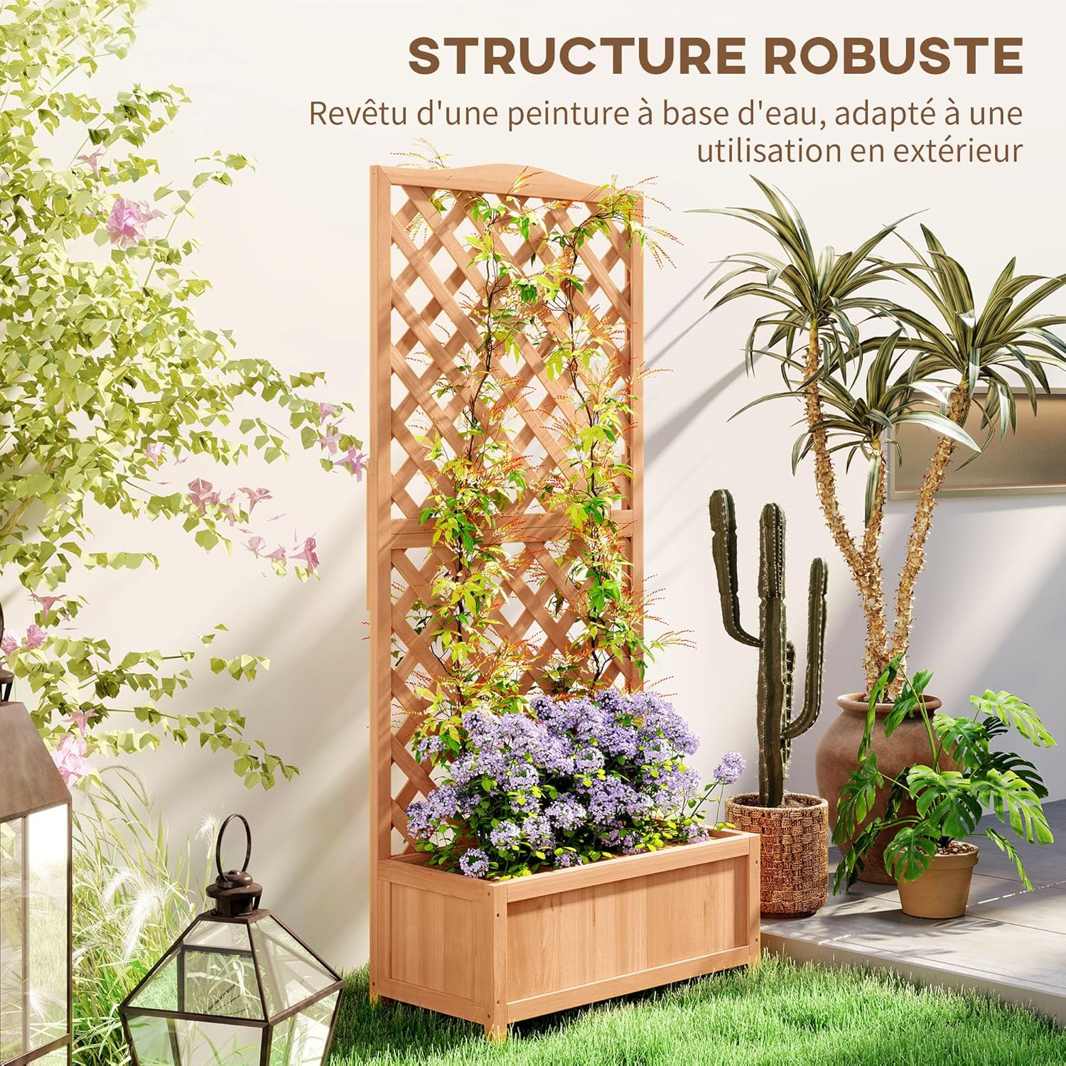 Detalle de Outsunny Jardinière sur pieds avec treillis en sapin pré-huilé – 76L x 36l x 170H cm, fond à lattes