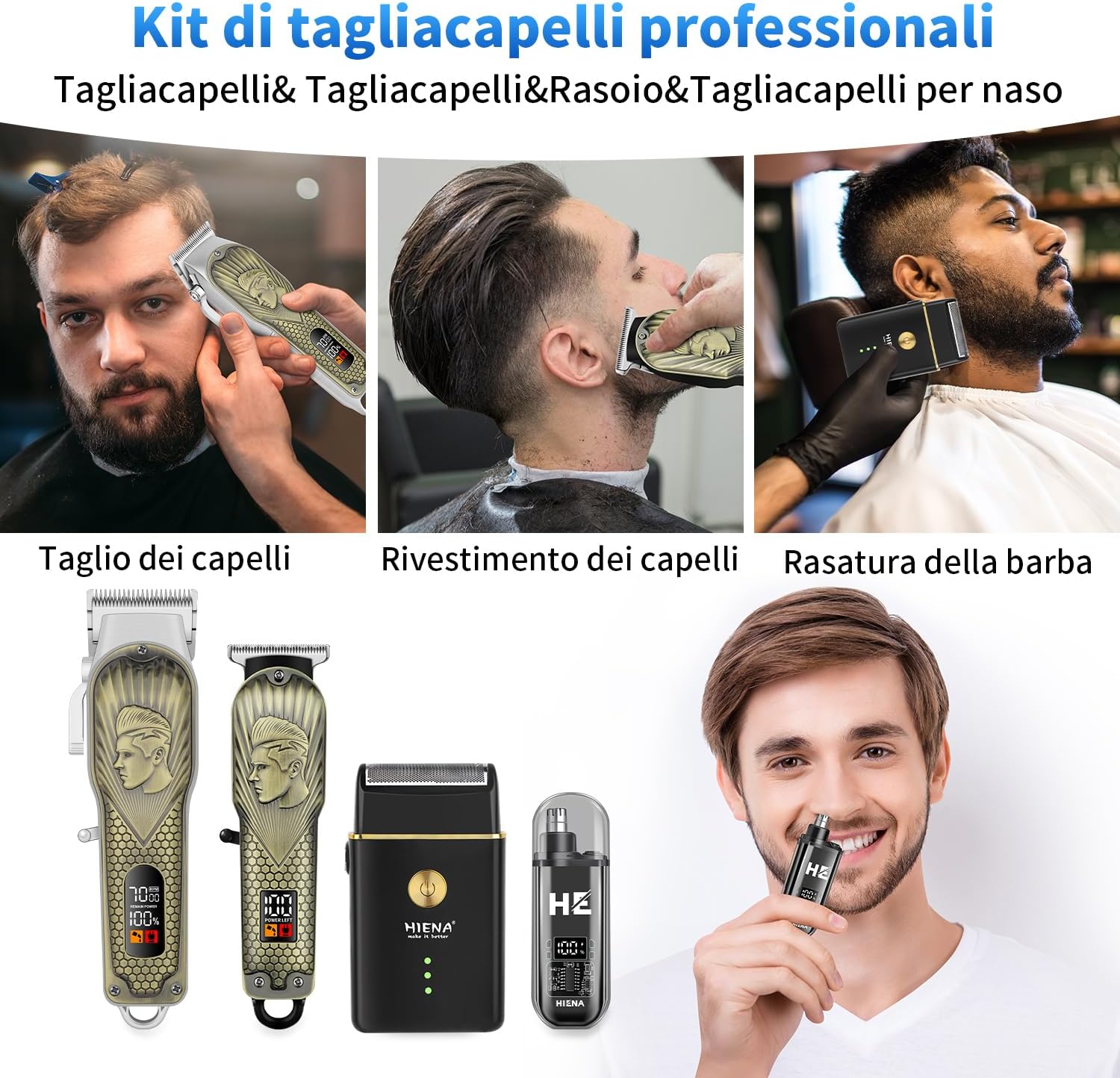 Thumbnail 4 de HIENA PRO Professional Hair Clippers Cordless LED Haircut Set (Clipper, Trimmer, Foil Shaver, Nose Trimmer)