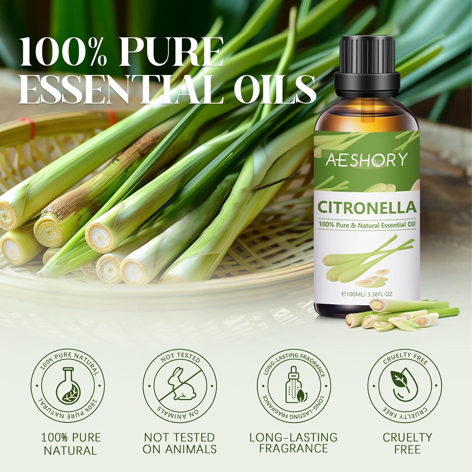 Detalle 2 de AESHORY Citronella Essential Oil (Pure) 100ml – steam-distilled for diffusers, cleaning and DIY skincare
