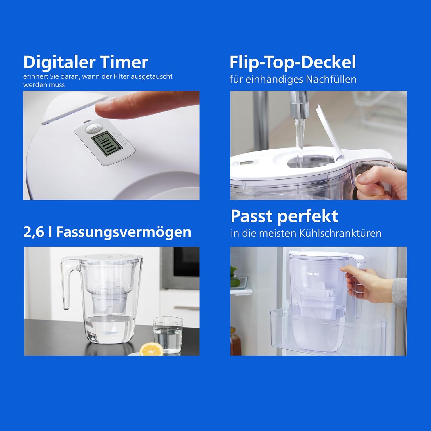 Thumbnail 4 de Philips Water Wasserfilterkanne +4 Anti-Kalk Wasserenthärter (2,6 L) inkl. elektronischem Timer & 4 Ersatzfilterkartuschen