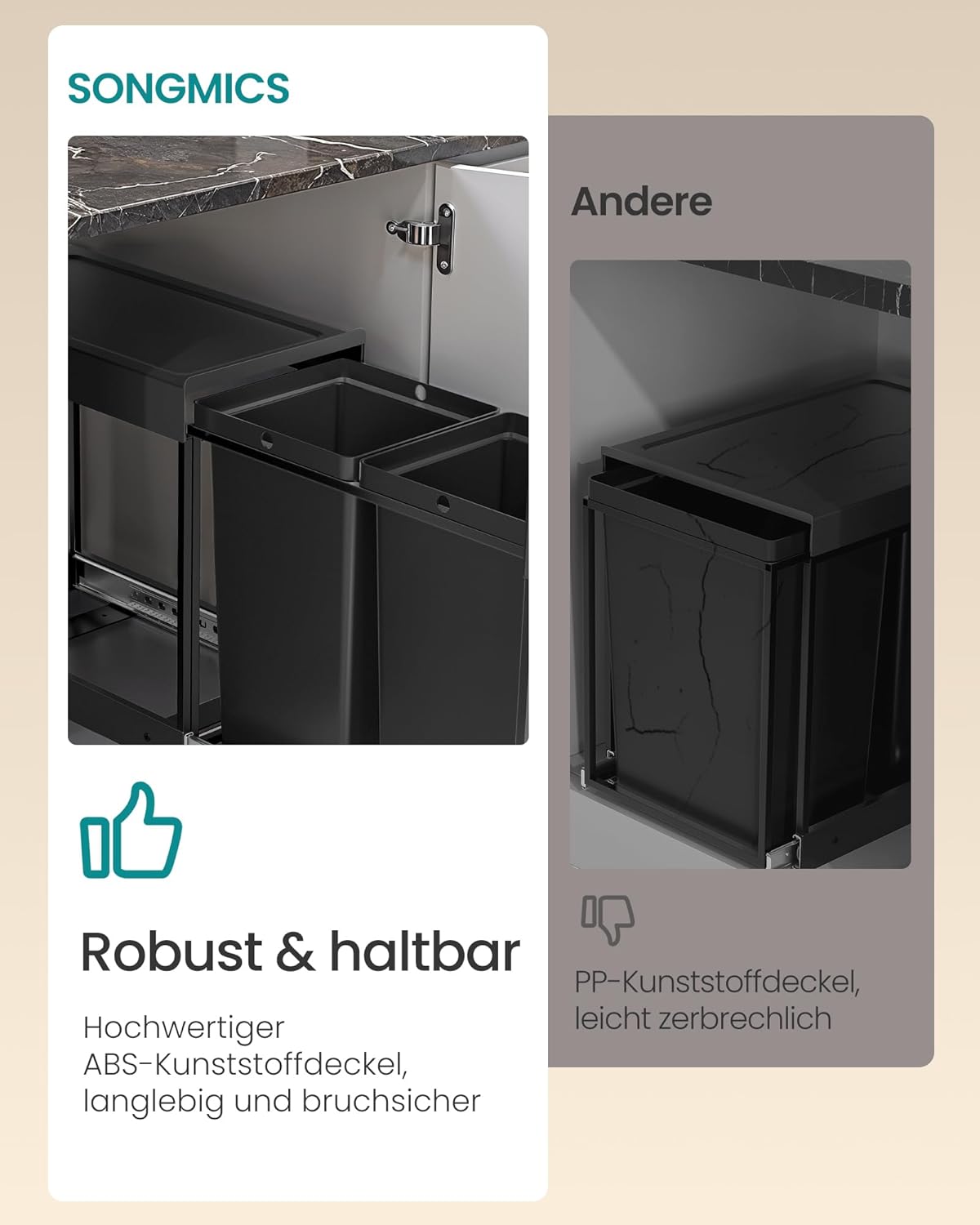 Detalle 2 de SONGMICS Mülleimer küche LTB950B01: 2×15-L Mülltrennsystem für den Unterschrank