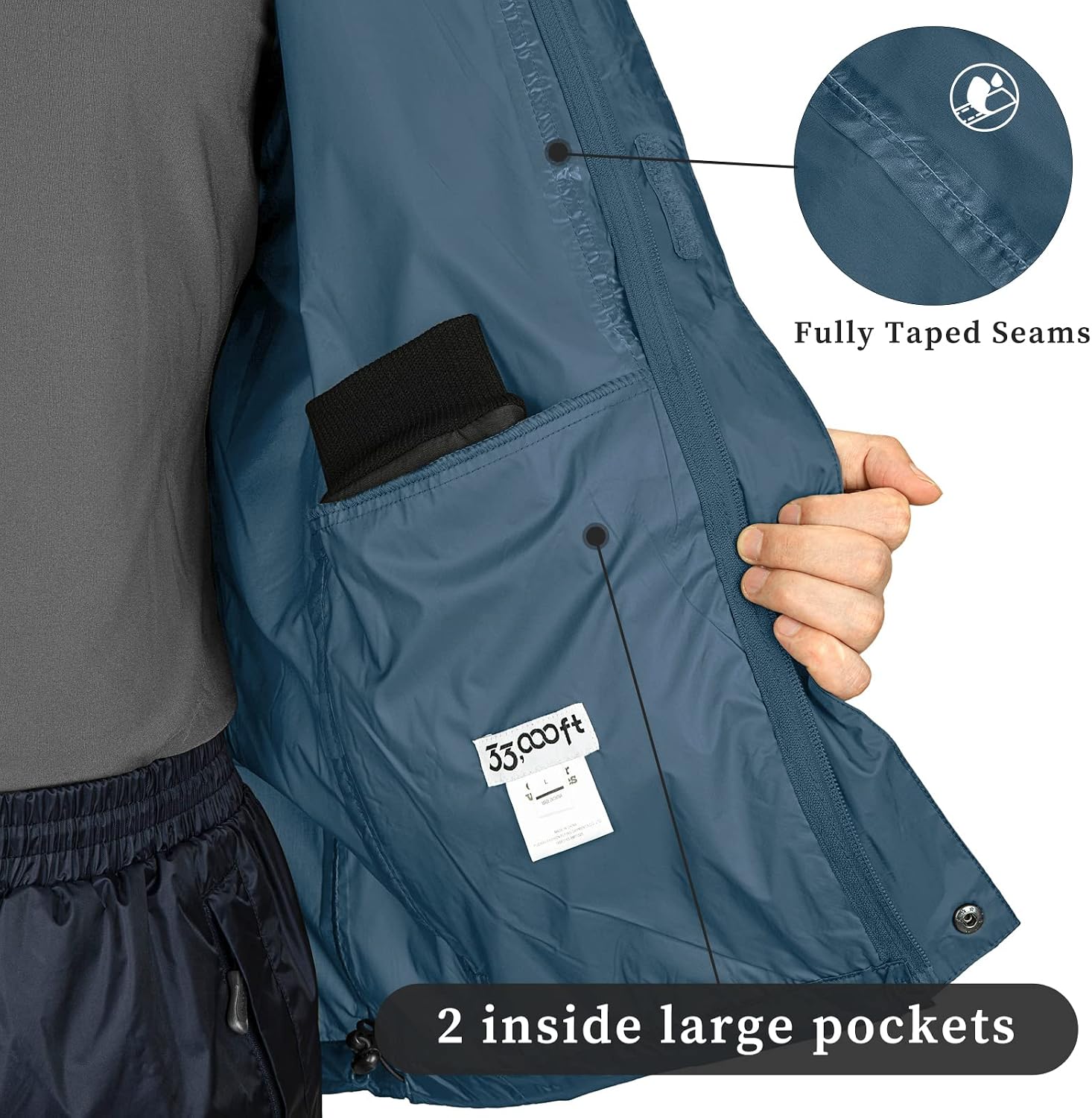 Detalle de 33,000ft Regenjacke Herren – Leicht, wasserdicht und faltbar mit Kapuze