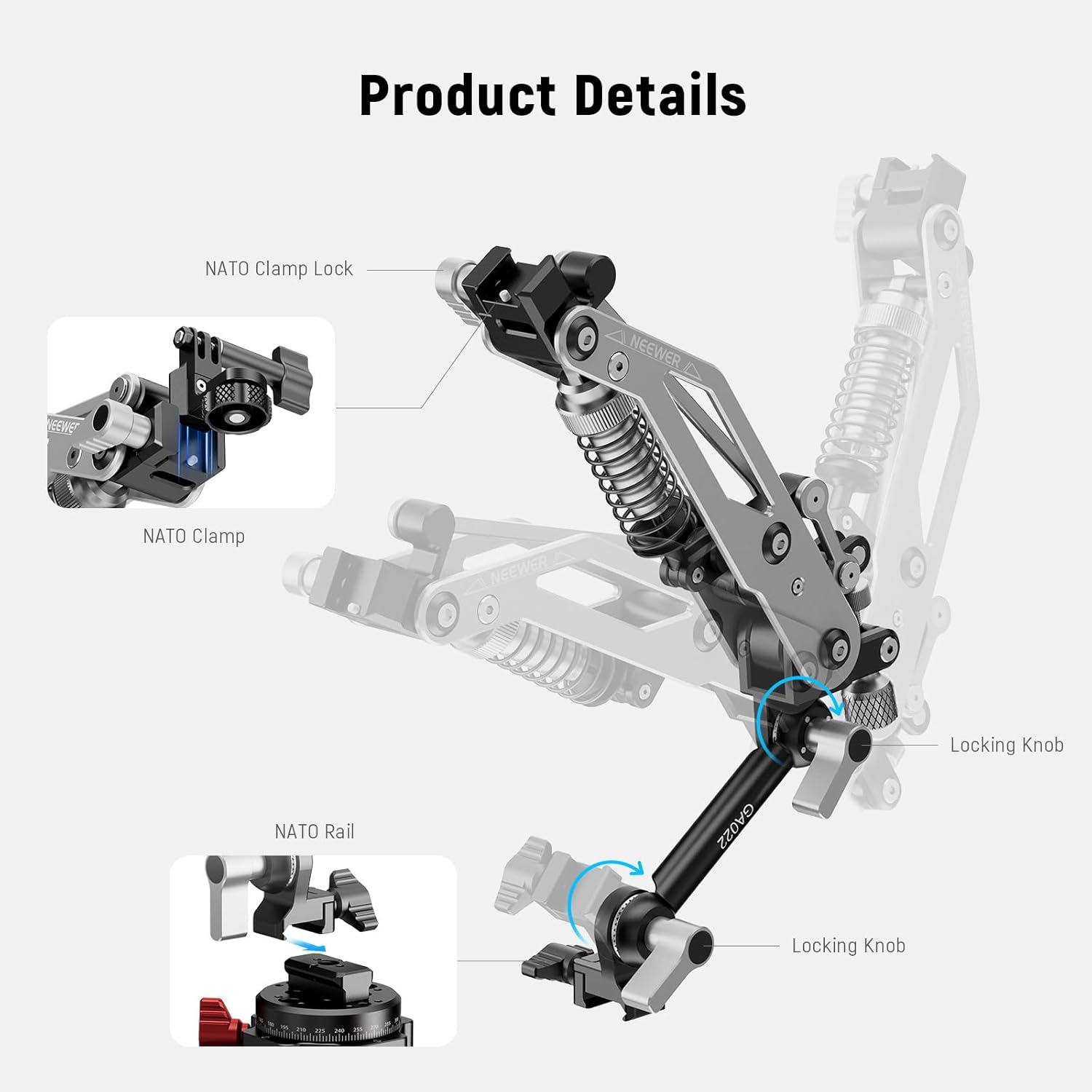 Detalle de NEEWER GA022 Vacuum Suction Cup Car Mount with Hydraulic Boom Arm (NATO rail, up to 18oz/500g)