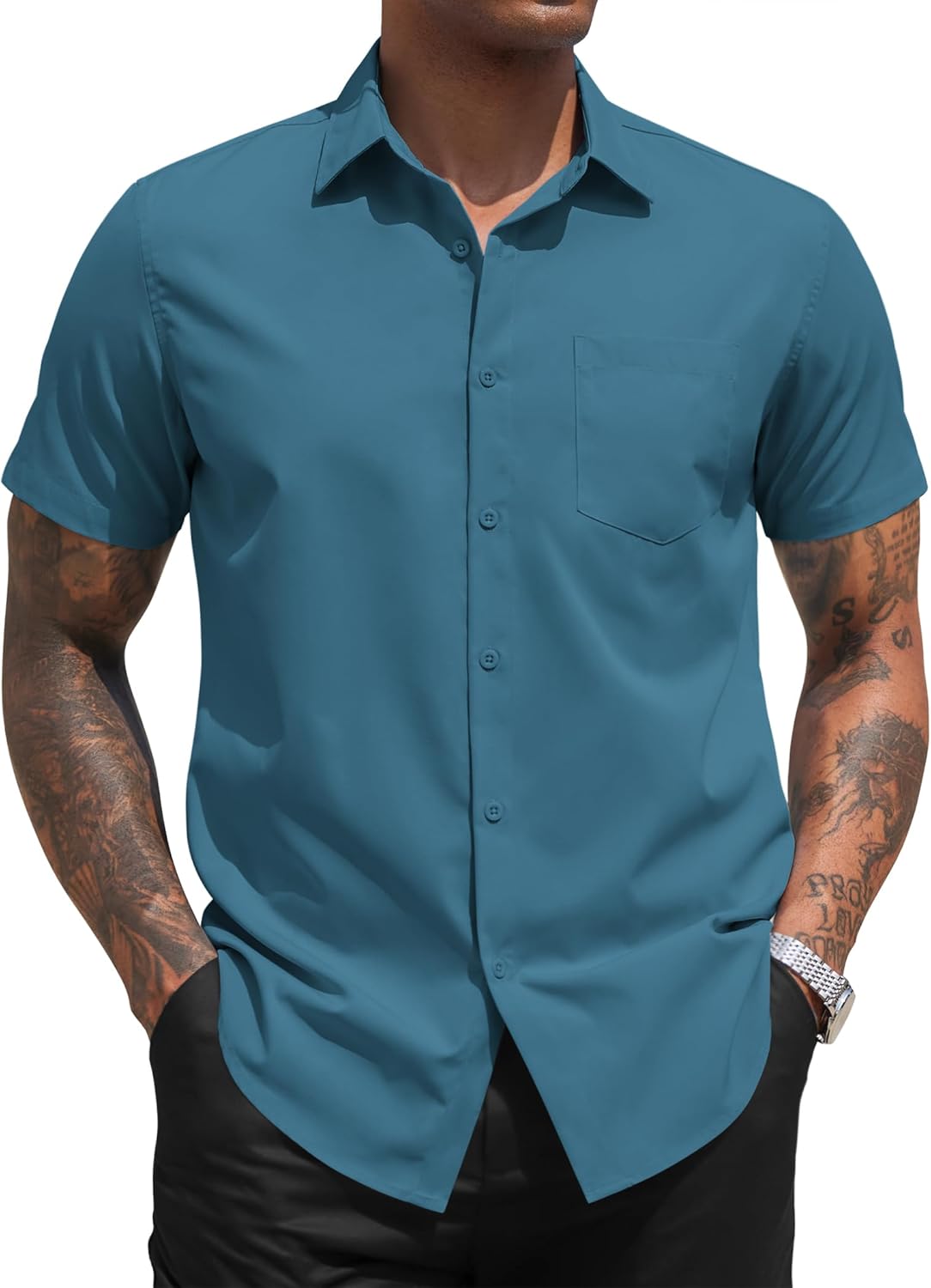 Thumbnail 5 de COOFANDY chemise homme manches courtes d’été, couleur unie avec poche (coupe régulière)