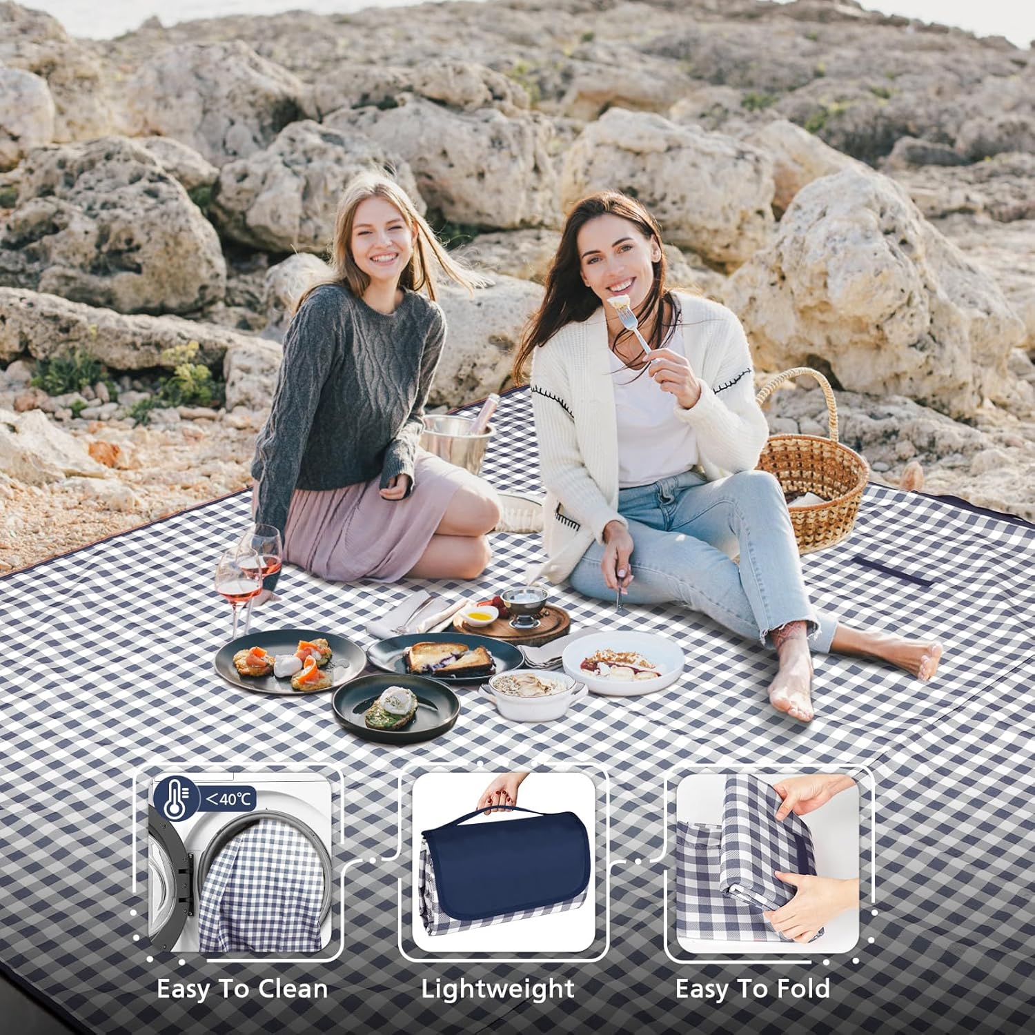 Detalle de Anyiner Picnic Blanket Waterproof 300 x 200 cm (Blue Plaid) – Sand-proof, slip-resistant travel rug