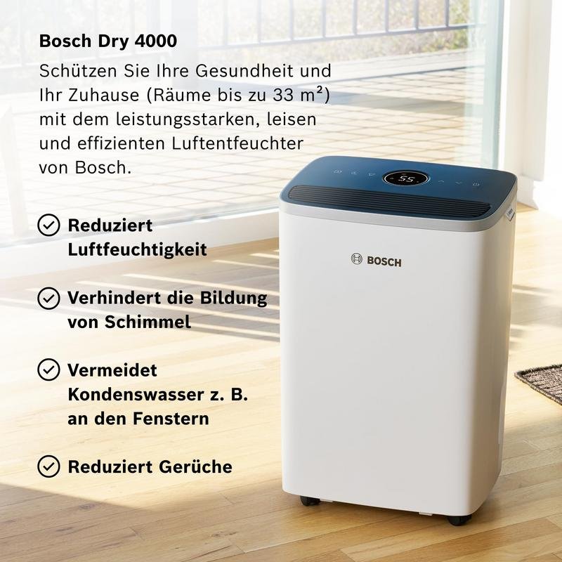 Detalle 2 de Bosch Dry 4000 2,5 l – Deshumidificador compacto para 33 m² (Blanco)