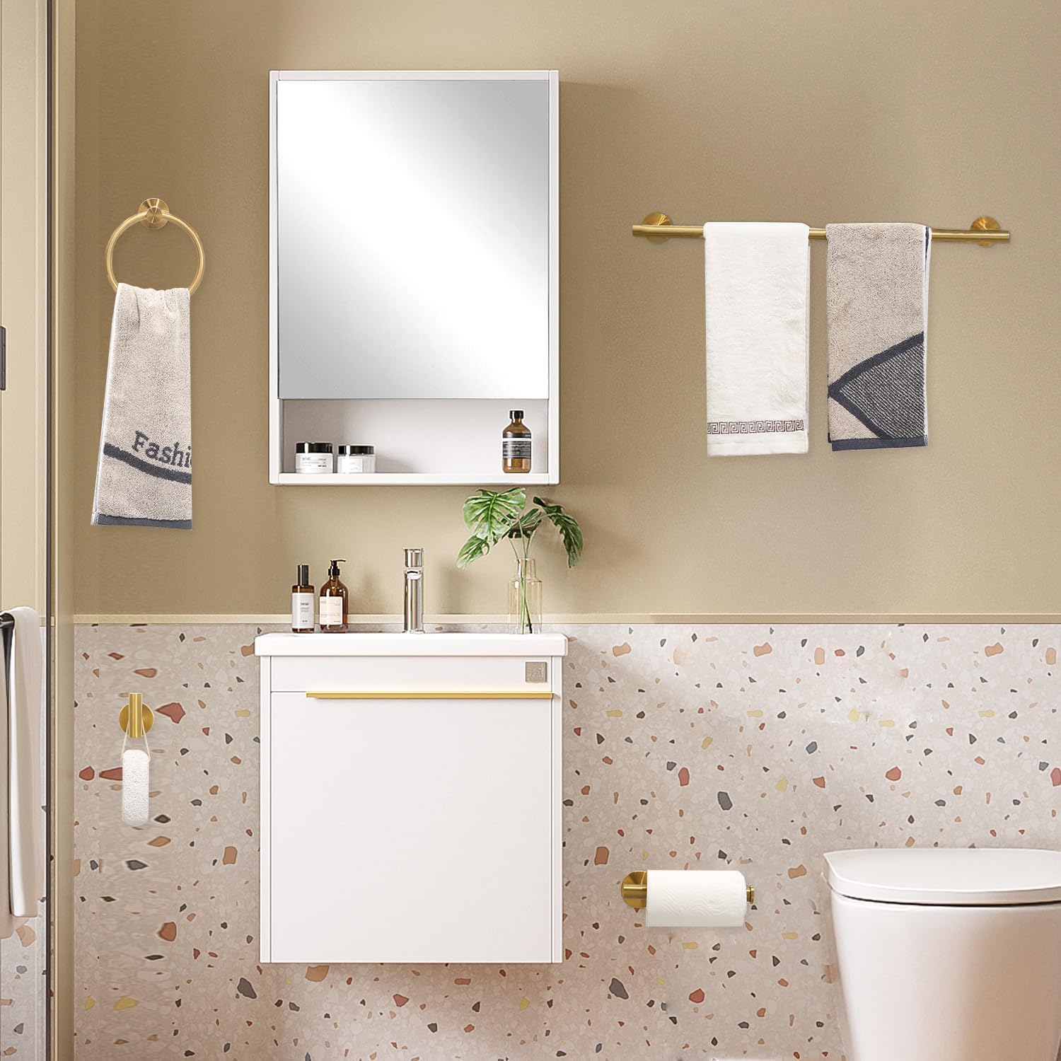 Detalle 2 de Ntipox YM0423 5-Piece Brushed Gold Bathroom Hardware Set with 23.6-Inch Towel Bar
