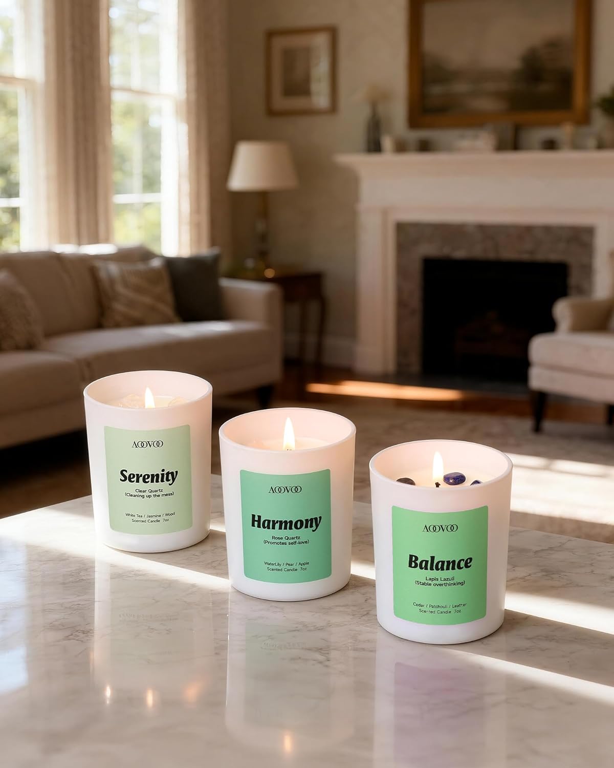 Detalle de AOOVOO Calm Candles Set for Women — 4-Pack Soy Candles with Crystals (Lavender Calm, Jasmine Serenity, Water Lily Pear Harmony, Patchouli Balance)