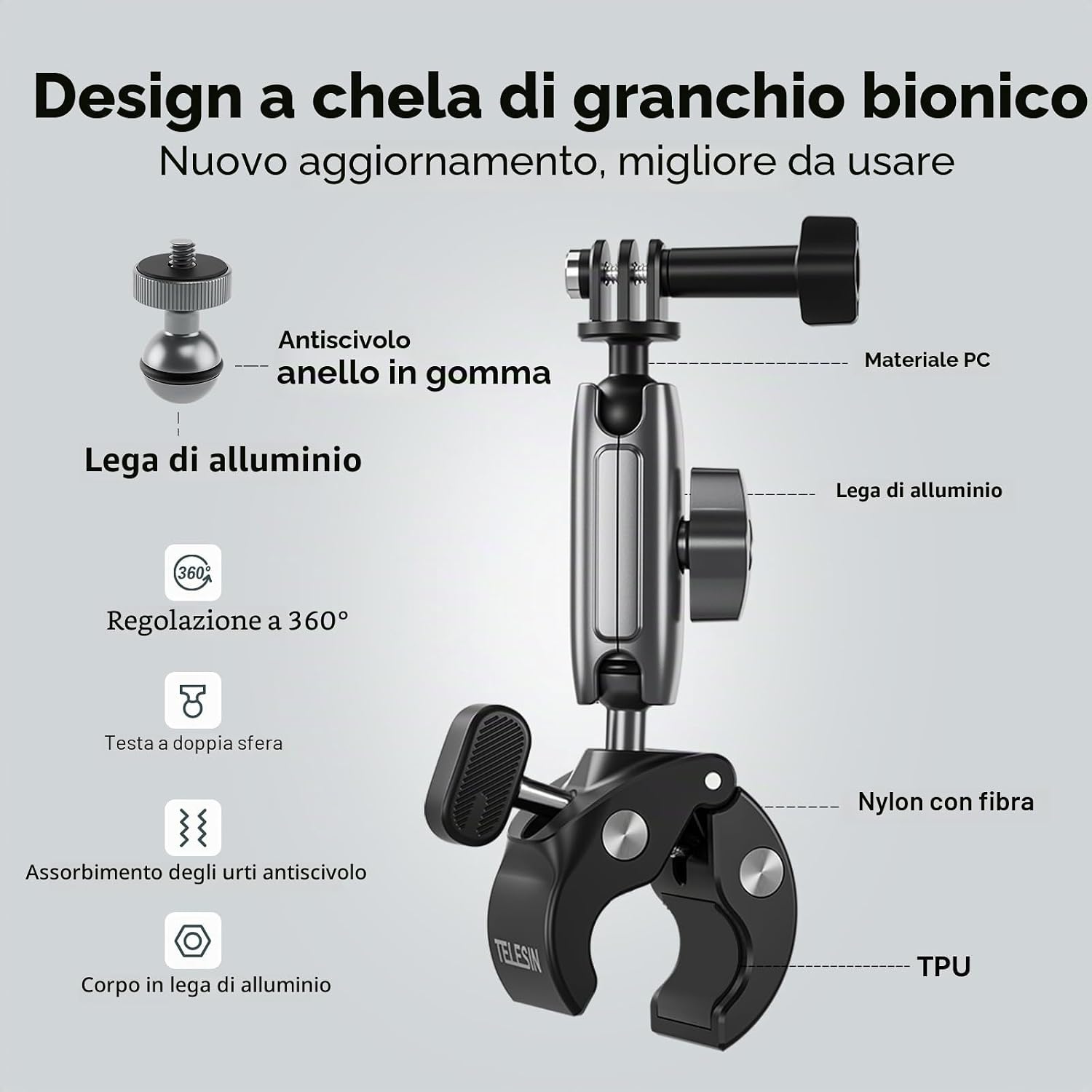Thumbnail 6 de TELESIN Supporto Moto/Bicicletta per Action Cam con Testa Sfera 360° e Adattatore 1/4"-20mm